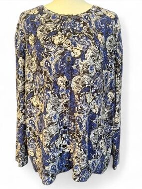 CJ Banks Blue and Cream Paisley Button-Down Blouse
